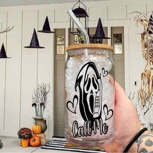 Ghostface Scream 16oz Glass Ice Coffee Soda Cup With Bamboo Lid And Glass Straw